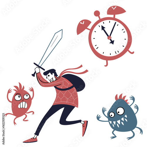 funny alarm clock and a man