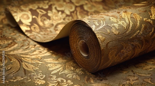 Close-up of wallpaper roll with intricate gold floral patterns, unrolled over patterned surface