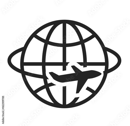 Global Travel Icon: Airplane Over World Map