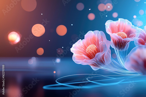 Beautiful digital flowers with glowing petals and soft bokeh background create serene atmosphere, perfect for nature lovers