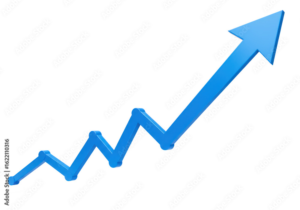 A blue threedimensional arrow graph shows a steady upward trend with distinct points along its path symbolizing growth and progress isolated on A blue threedimensional arrow graph shows a steady upward trend with distinct points along its path symbolizing growth and progress isolated on