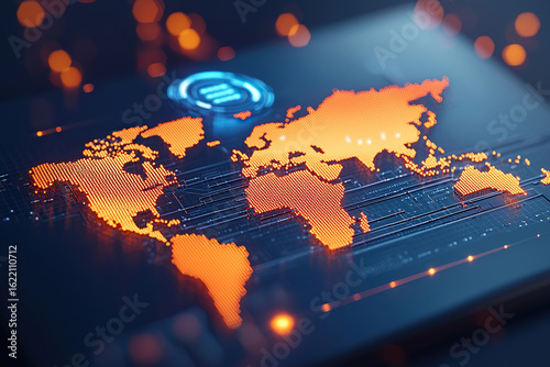 Digital world map with vibrant orange lines and glowing elements, representing global connectivity and technology
