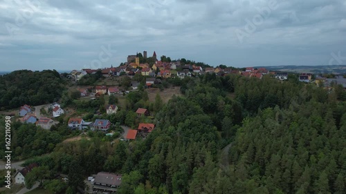 Aerial around the old town Leuchtenberg in Germany on a sunny day in spring