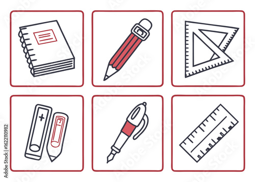 Minimalist School Supplies Icon Set in Geometric Grid