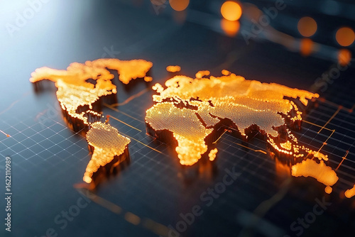 Glowing world map design showcasing global connectivity and economic planning, emphasizing modern technology and innovation