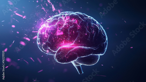 Glowing brain with vibrant pink and purple light effects, representing advanced technology and neural networks, showcases power of artificial