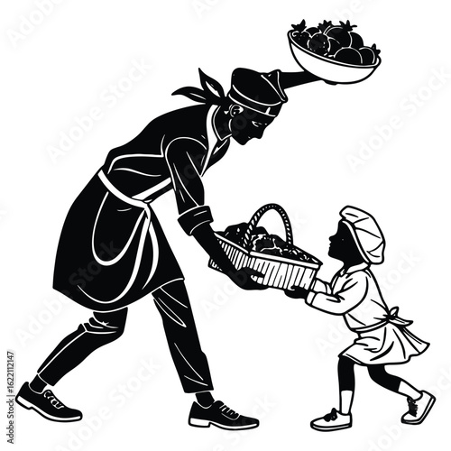 Chef passing basket to young helper black and white vector illustration food preparation theme