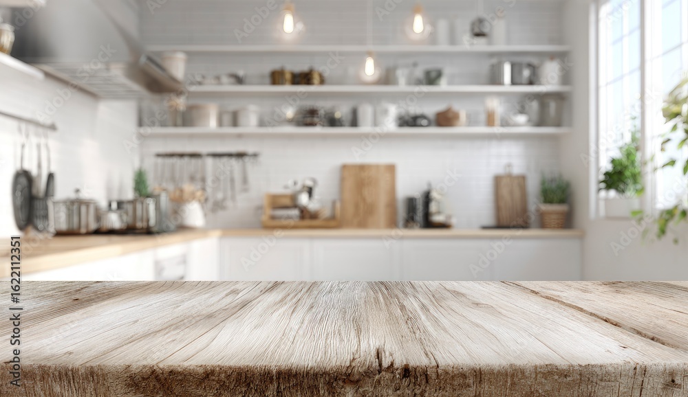 Fototapeta premium Rustic wood kitchen counter, bright modern kitchen background, product display