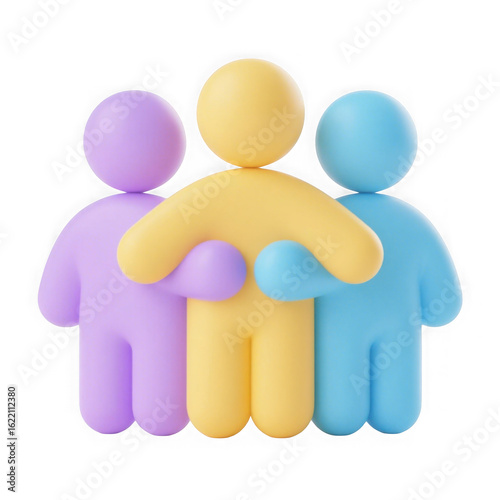 3d icon of three colorful 3d characters in pastel purple, yellow, and blue hugging each other, symbolizing unity, friendship, and support, isolated on a transparent background