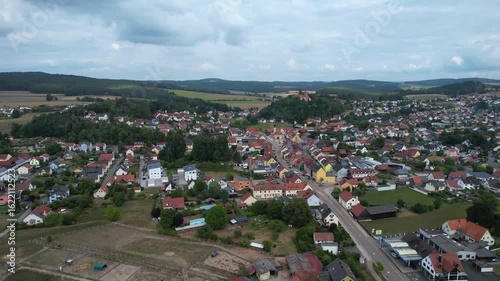 Aerial around the old town Wernberg-Köblitz in Germany on a sunny day in spring