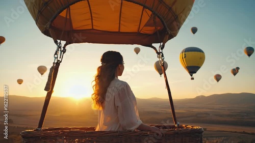 Woman standing in a wicker hot air balloon basket at sunrise, looking out at the landscape filled with colorful balloons, symbolizing adventure, peace, tourism, nature, serene air travel experience