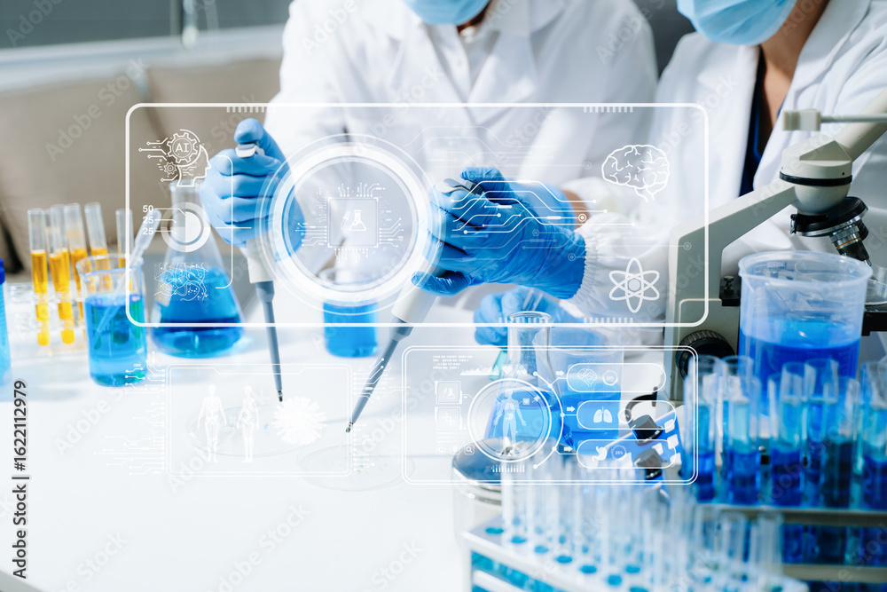 Fototapeta premium Scientists in a high tech lab conduct research with pipettes and tablets, blending medical innovation, data science, and futuristic digital healthcare technology.