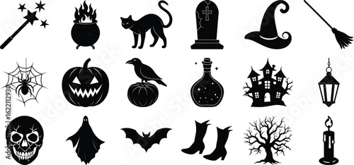 A set of vector silhouettes of Halloween elements on a white background.