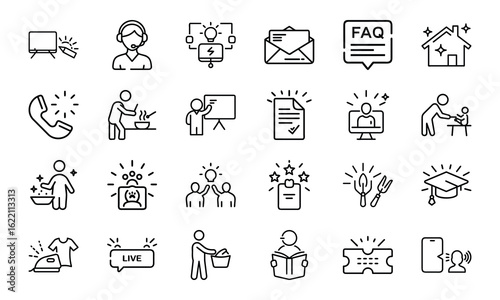 Business and Data Analytics Line Icons Set with Light Up Effect – KPI, Graphs, Charts, Marketing Strategy, Report, Cloud, Planning, and Performance Metrics Symbols on White Background