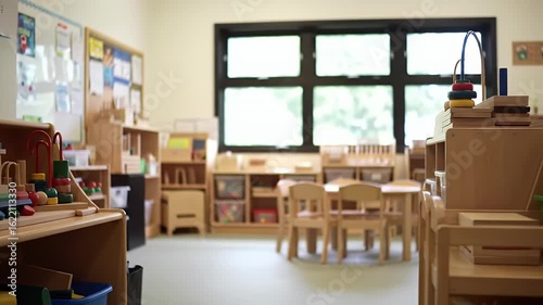 A bright and inviting empty preschool classroom with colorful wooden educational toys neatly arranged on shelves revealed in a slow panning shot