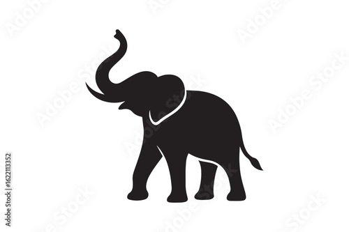 Elephant with trunk up silhouette vector art illustration on white background