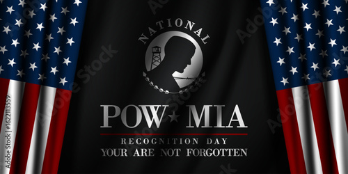 September is POW MIA Recognition Day. POW MIA icon and american flag. Suitable for posters, banners and social media. Black background.