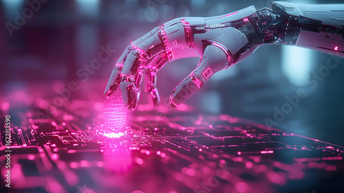 Futuristic robotic hand interacts with glowing digital interface, showcasing advanced technology and artificial intelligence