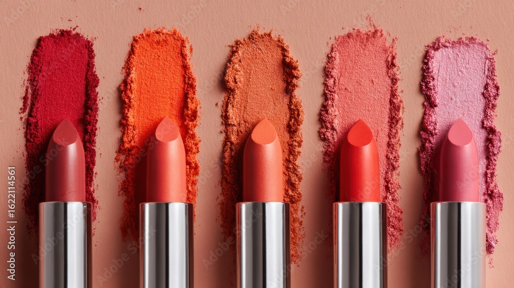 Obraz premium Variety of Lipstick Shades With Vibrant Color Swatches Displayed on a Textured Background