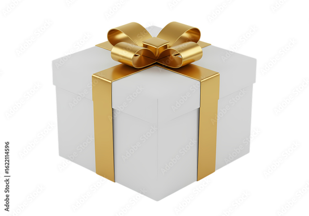 Fototapeta premium Elegant White Gift Box with Gold Ribbon: Festive Present, Birthday Surprise, Celebration