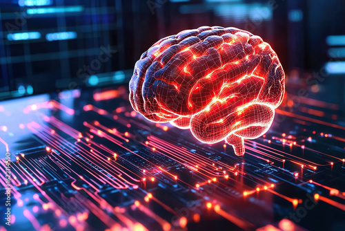 Digital brain with neural connections glowing on circuit board background, representing advanced technology and artificial intelligence