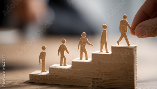 Career Growth  Figures ascending wooden steps, office background