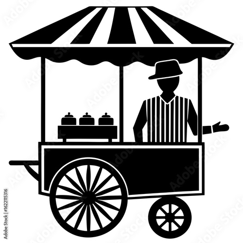 Black and white street vendor cart with person silhouette