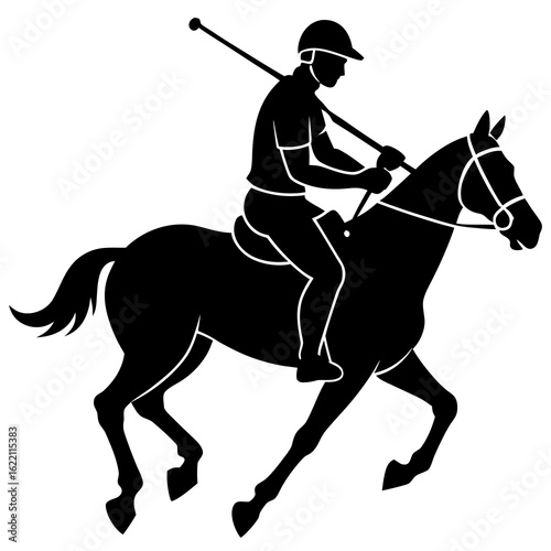 Black horse rider with polo mallet white