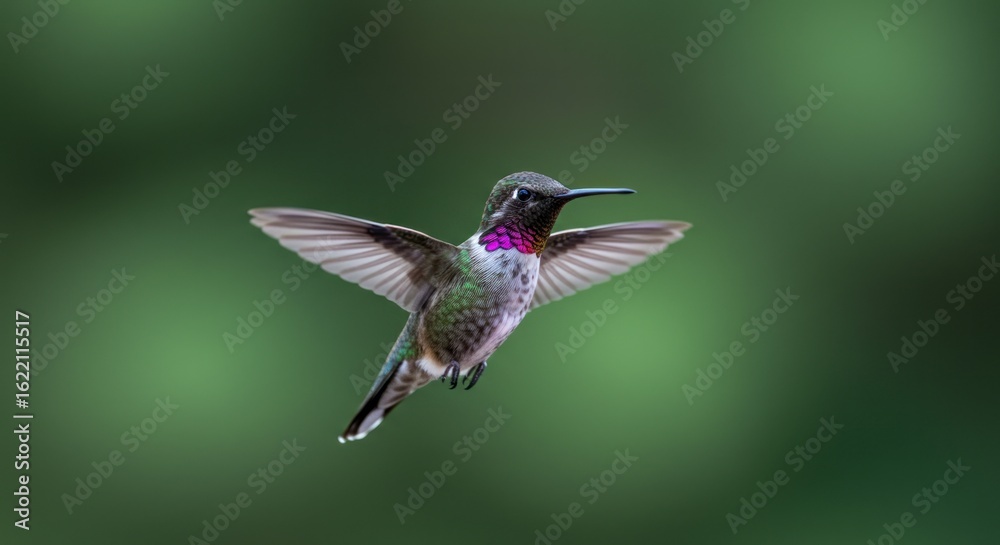 Fototapeta premium Stunning Hummingbird in Flight, Vibrant Colors Against Soft Green Background