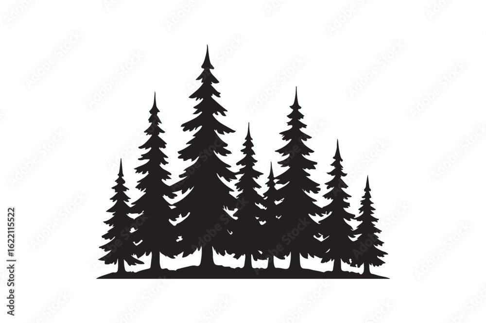 Obraz premium Pine tree forest landscape silhouette vector art illustration on white background