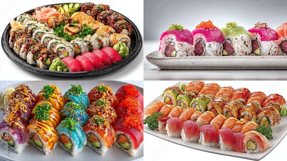 Four vibrant sushi platters showcasing diverse rolls, including nigiri, maki, and specialty rolls with colorful toppings and sauces; arranged on rectangular and round platters Four vibrant sushi platters showcasing diverse rolls, including nigiri, maki, and specialty rolls with colorful toppings and sauces; arranged on rectangular and round platters