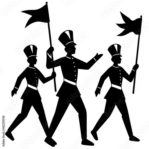 Black marching band figures with flags parade silhouette