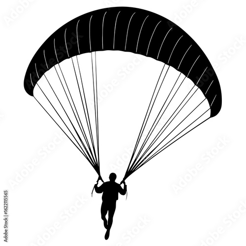 Black paraglider silhouette against white flying