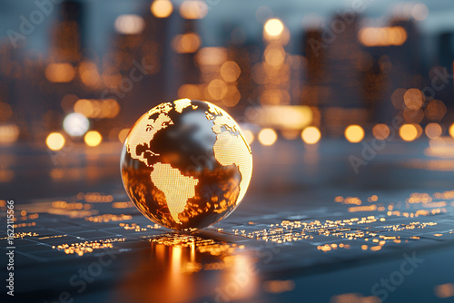 Glowing globe representing global connectivity and technology, set against blurred cityscape background, evokes sense of innovation and progress