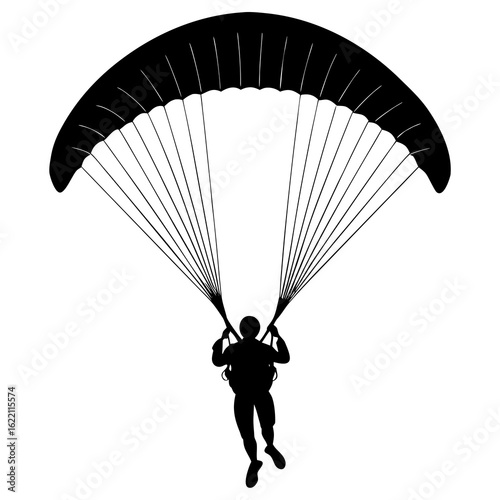 Black paraglider silhouette against white flying