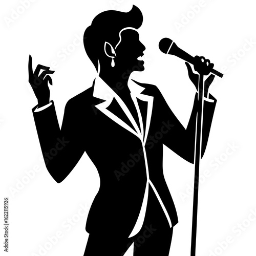 Black silhouette of a singer with microphone white