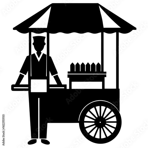 Black silhouette of a street food vendor with cart