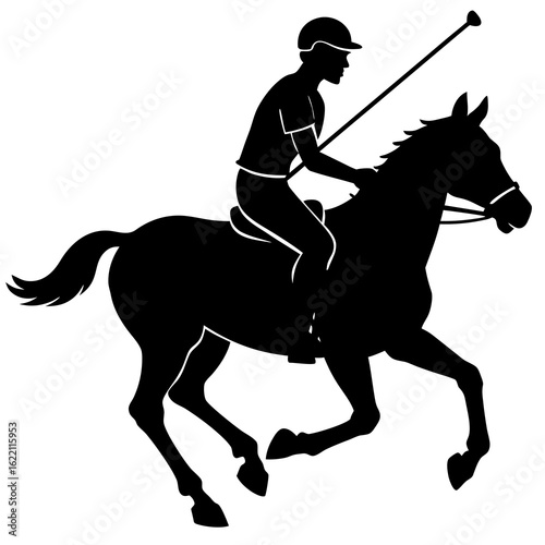 Black silhouette of horse and rider in motion polo