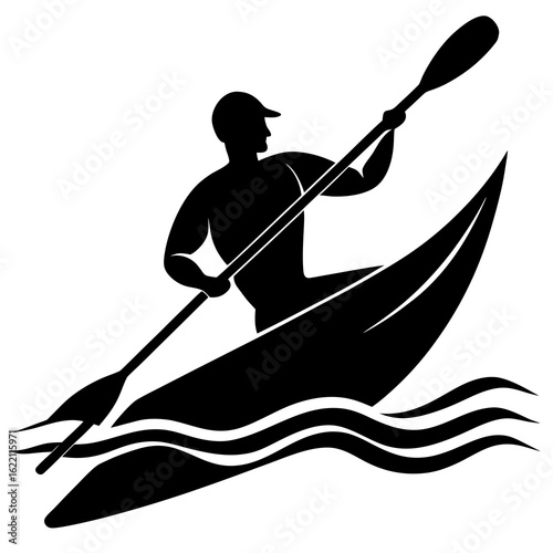 Black silhouette of kayaker paddling on water paddle