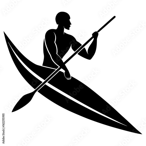 Black silhouette of man paddling canoe kayak rower