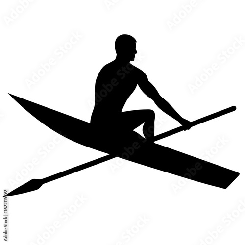 Black silhouette of man rowing single scull rower boat