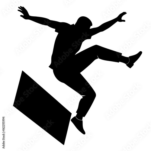 Black silhouette of man performing parkour jump vector