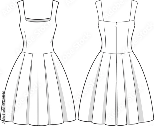 Fashionable flat sketch of a women's sleeveless pleated dress, modern summer apparel for casual or formal occasions, vector drawing.