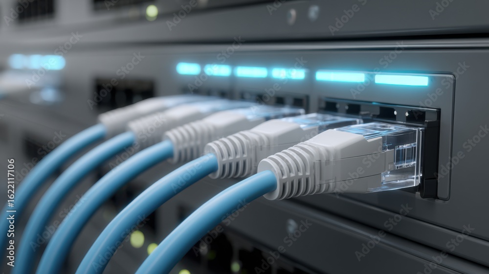 Naklejka premium Close-up of blue cables plugged into a server, with glowing lights indicating activity.