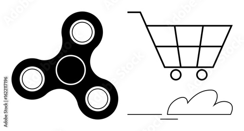 Fidget spinner and shopping cart with simple cloud element, representing trends, shopping, and leisure. Ideal for business, retail, e-commerce, play, trends relaxation minimal flat metaphor