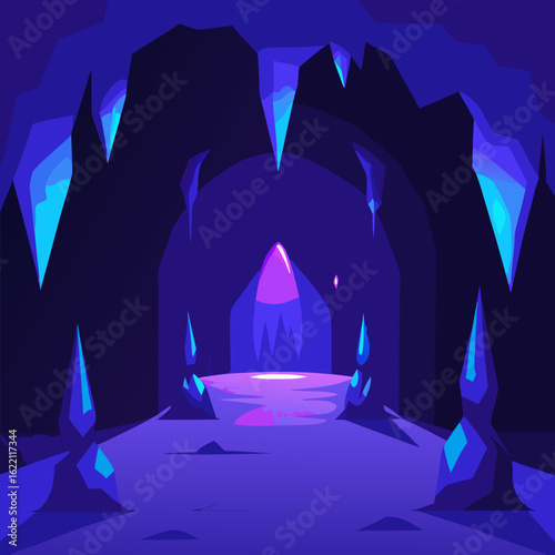 Magic cave interior with glowing blue light streaming through entrance, purple stalactites hanging overhead vector landscape background.
