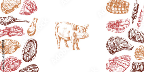 Hand drawn vintage template of pig and assorted meat cuts for barbecue menu with herbs and spices