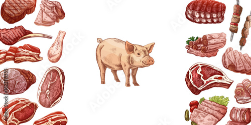 Colored vintage template with pig and hand drawn barbecue meat cuts, herbs and spices for restaurant menu