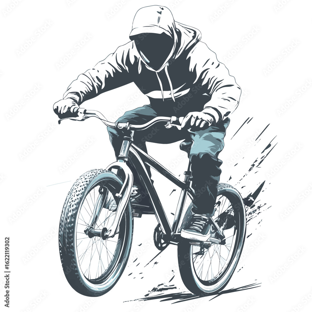 Naklejka premium Urban rider silhouette with playful bike control - ideal for sporty freedom, youth biking culture, and energetic outdoor vibes