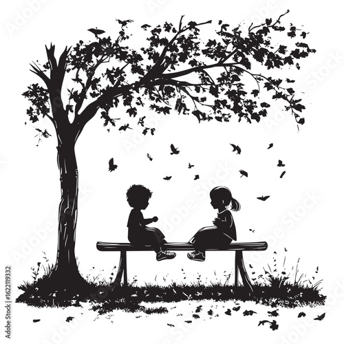 Children playing on seesaw under tree silhouette - great for SVG memory projects, childhood play stickers, and family-themed nostalgic designs, vector style simple color